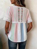 Women's Boho Rose Embroidered V-neck Striped Shirt With Lace Trim