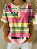 Retro Color-block Patchwork Print Loose-fit Cotton-linen Short-sleeve Shirt