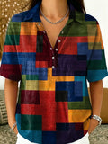 Colorful Geometric Square Decorative Pattern Women's Casual Short Sleeve Shirt