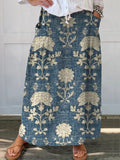 Women's Vintage Lovely Floral Art Print Casual Cotton Linen Pocket Skirt