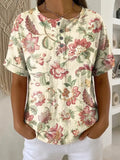Women's Vintage Flower Pattern Printed Cotton Linen Top