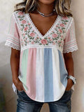 Women's Boho Rose Embroidered V-neck Striped Shirt With Lace Trim