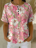 Women's Vintage Flower Pattern Printed Cotton Linen Top
