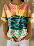 Retro Color-block Patchwork Print Loose-fit Cotton-linen Short-sleeve Shirt