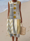 Women's Vintage Abstract Geometry Art Print Sleeveless Cotton Pocket Wrap Dress