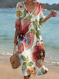 Women's Retro Color-block Floral Art Print Loose Cotton-linen Dress