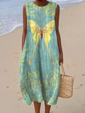 Women's Vintage Flower Butterfly Art Print Sleeveless Cotton Pocket Wrap Dress
