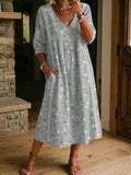 Women's Flower Print Casual Loose-fit Cotton-linen Dress With Lace Trim And Paneling
