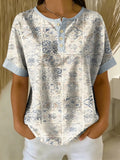 Retro Distressed Print Loose-fit Cotton-linen Short-sleeve Shirt