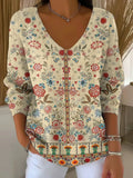 Women's Vintage Floral Pattern Art Print Casual V-Neck Sweater