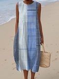 Women's Vintage Abstract Geometric Art Print Sleeveless Cotton Pocket Wrap Dress