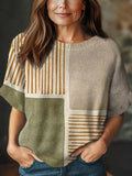 Women's Geometric Pattern Art Print Casual Crew Neck Short Sleeve Knitted Sweater