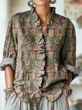 Women's Vintage Ethnic Geometric Pattern Painting Art Print Casual Cotton And Linen Ruffle Shirt
