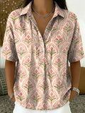 Retro Botanical & Geometric Print Cotton-linen Short-sleeve Shirt
