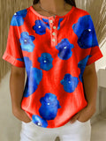 Retro Color-block Floral Print Loose-fit Cotton-linen Short-sleeve Shirt