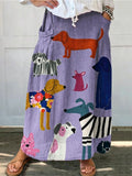 Women's Dog Art Print Linen Pocket Skirt