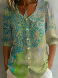 Women's Retro Floral Art Print Casual Stylish Cotton Linen Shirt