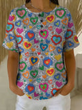 Women's Vintage Love Pattern Printed Cotton Linen Top