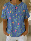 Women's Vintage Flower Pattern Printed Cotton Linen Top
