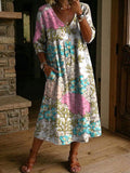 Women's Flower Print Casual Loose-fit Cotton-linen Dress With Lace Trim And Paneling