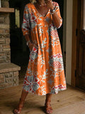 Women's Flower Print Casual Loose-fit Cotton-linen Dress With Lace Trim And Paneling
