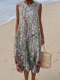 Women's Vintage Floral Art Print Sleeveless Cotton Pocket Wrap Dress
