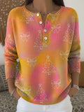 Women's Christmas Gradient Trees Pattern Art Print Buttoned Cardigan Sweater