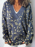 Vintage Lovely Floral Art Print Knit V-neck Pullover Sweater