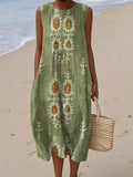 Women's Vintage Ethnic Pattern Art Print Sleeveless Cotton Pocket Wrap Dress
