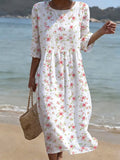 Women's Casual Solid Color Round Neck Mid-Sleeve Floral Print Cotton Linen Dress